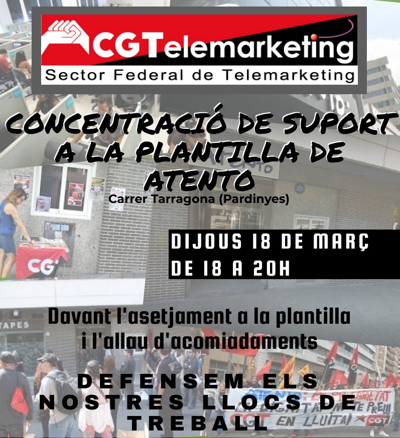 AtentoCgt's tweet photo. Ja n'hi ha prou d'abusos i repressió.
Dijous 18 de Març a les 18:00, concentració davant d'Atento! https://t.co/Y3sPqLVmVG