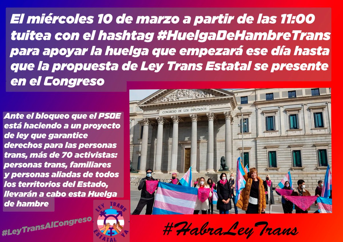 🚨Ante el bloqueo del PSOE a que la #LeyTrans vaya al Consejo de Ministros hoy más de 70 activistas trans, familiares y personas aliadas se pondrán en HUELGA DE HAMBRE INDEFINIDA

Tuitea con #HuelgaDeHambreTrans y #LeyTransAlCongreso

ℹ️annuel2.framapad.org/p/huelgadehamb…

🏳️‍⚧️💪#HabraLeyTrans