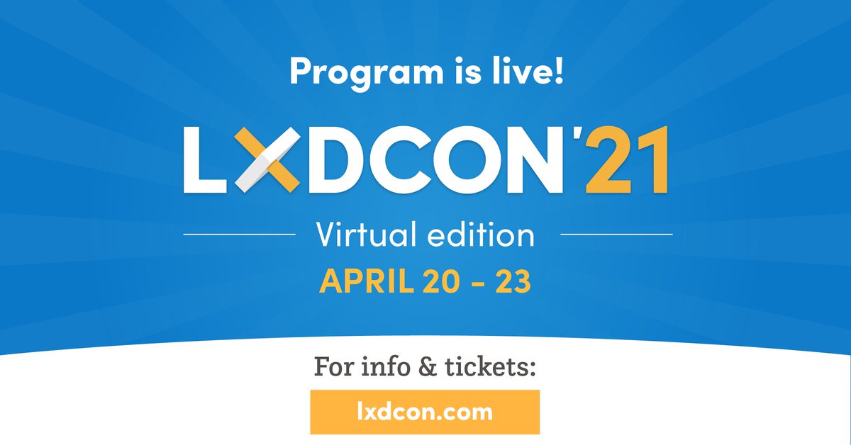LXDsocial's tweet photo. Amazing! The #LXDCON'21 program is live! 4 days filled with engaging sessions from international experts all related to this year's theme: the space we need to learn. 
Check it out at https://t.co/BUYOi3Fn0S and get your tickets. https://t.co/AmRSXrgshD