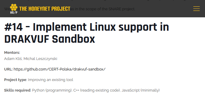 CERT_Polska_en's tweet photo. We are proud to announce that our DRAKVUF Sandbox is taking part in #GSoC 2021 as a part of @ProjectHoneynet.
If you're interested in malware analysis and hypervisors contact us on https://t.co/mbMKDs6jcG. More info:
https://t.co/mXppvgy299 https://t.co/E8F2qAT3Gb