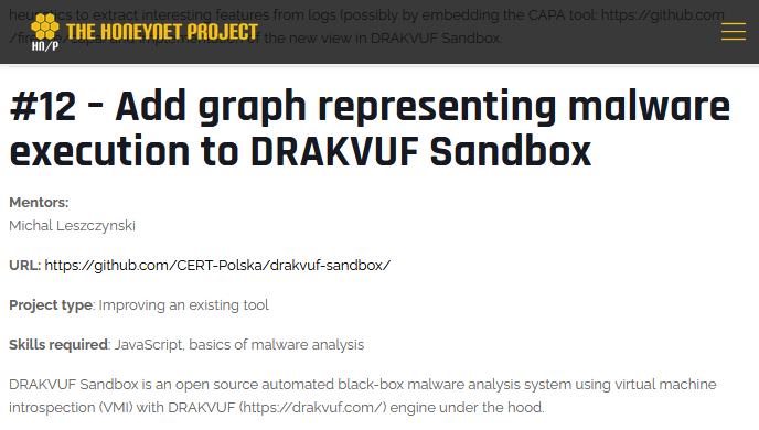 CERT_Polska_en's tweet photo. We are proud to announce that our DRAKVUF Sandbox is taking part in #GSoC 2021 as a part of @ProjectHoneynet.
If you're interested in malware analysis and hypervisors contact us on https://t.co/mbMKDs6jcG. More info:
https://t.co/mXppvgy299 https://t.co/E8F2qAT3Gb