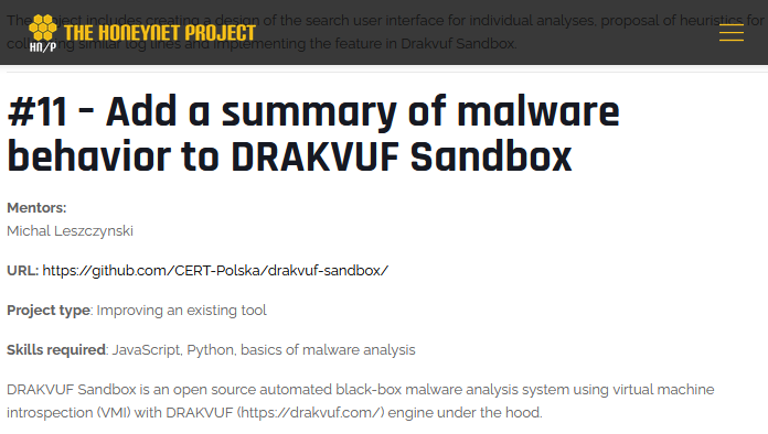 We are proud to announce that our DRAKVUF Sandbox is taking part in #GSoC 2021 as a part of <a href="/ProjectHoneynet/">The Honeynet Project</a>.
If you're interested in malware analysis and hypervisors contact us on gsoc-slack.honeynet.org. More info:
honeynet.org/gsoc/gsoc-2021…