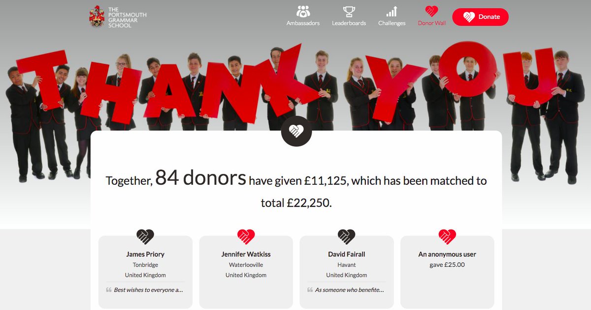 We're wishing <a href="/PGS1732/">The Portsmouth Grammar School</a> all the best for their 1st Giving Day ❤️ 🖤 ✚ 💜 ＝🙌

Just look at all the wonderful comments left by donors on their Donor Wall 😍

Go take a look - ow.ly/CBeo50DUYxc

#givingday #virtualgiving #schools #proudpartner #bethedifference #PGSgivingday