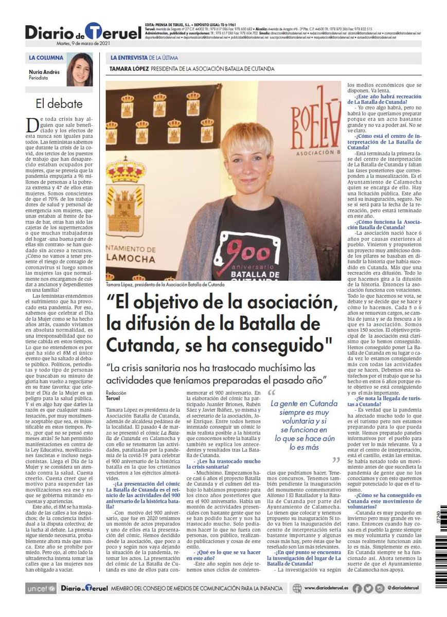 Ayer, el #DiariodeTeruel recogió una entrevista a Tamara López, Presidenta de la Asociación Batalla de Cutanda y alcaldesa pedánea de la localidad. Grande como siempre la gente de este pueblo.