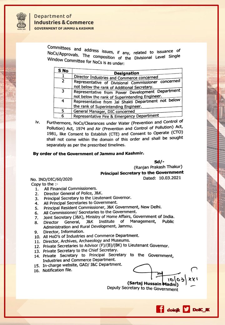 J&amp;K Govt. Simplifies the Process of Establishing Business Enterprise.

This milestone order issued by Pr.Secy. I&amp;C,Sh.Ranjan Prakash Thakur will minimize the compliance burden for establishing industrial unit and enhance fast track single window system. 
<a href="/diprjk/">Information & PR, J&K</a> <a href="/OfficeOfLGJandK/">Office of LG J&K</a>