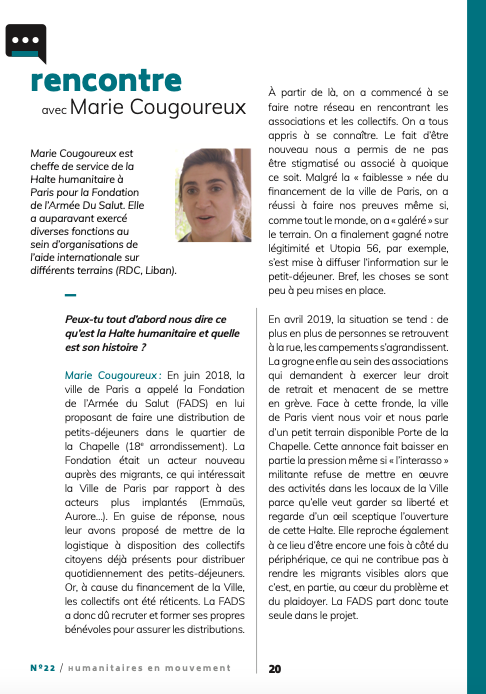 📣 #HEM n°22

🤝 Rencontre avec Marie Cougoureux, cheffe de service de la #HalteHumanitaire à Paris pour la Fondation de l'<a href="/ArmeeduSalut/">Fondation de l'Armée du Salut</a> 👉 ow.ly/xANq50DUTT3

Elle nous raconte comment ce lieu a évolué face au contexte #COVID19, grâce à l'engagement militant des assos ✊