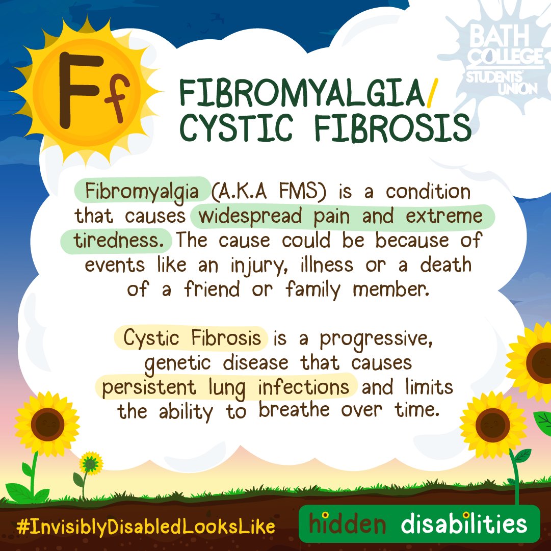 BC__Students's tweet photo. We are up to F on our Hidden Disabilities.  F is standing for Fibromyalgia and Cystic Fibrosis.

#MyBathCollege #HiddenDisabilities #BathCollSU https://t.co/41FPUEPg2u