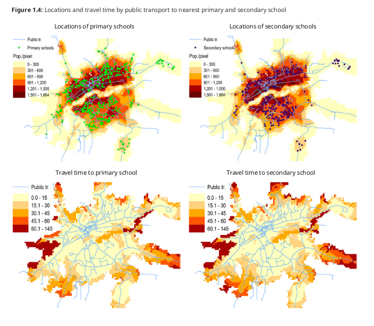 DataTransport1's tweet photo. Bamako's public #Transport #mapping data combined with other sources enable a relationship between #transport #education #health, and natural resources.  From @WorldBankAfrica's Connectivity For ''Human Capital '' report 
#Mali #Africa #Mass #OpenData  #Mobility https://t.co/CePyWHXhNN