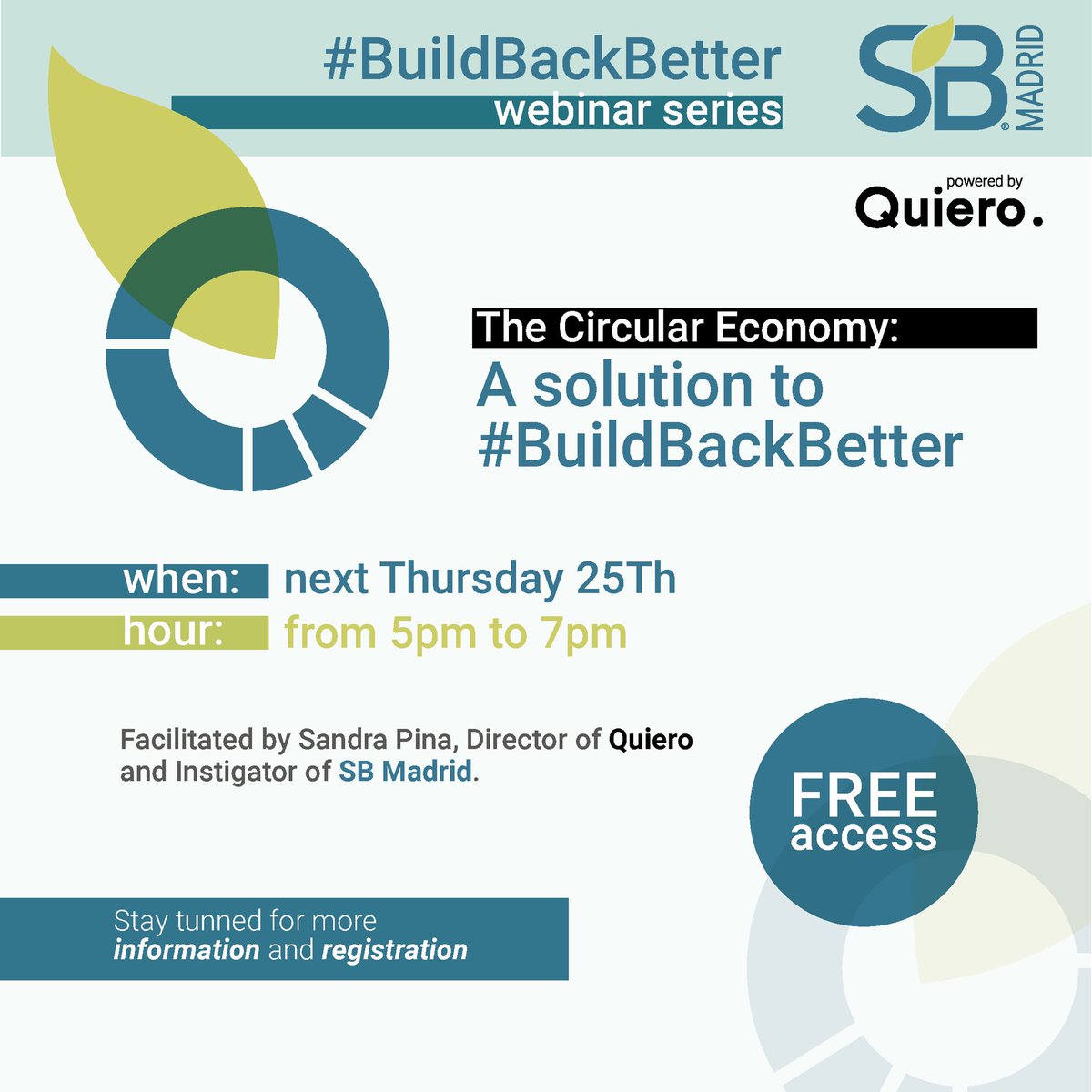 📣 Save the Date: 25th of March. This year #SBMadrid21 starts with a new series of webinar, framed in the UN´s initiative #BuildBackBetter: the first one will be focused on The #CircularEconomy. We will examine the barriers and exploring innovations for accelerating circularity
