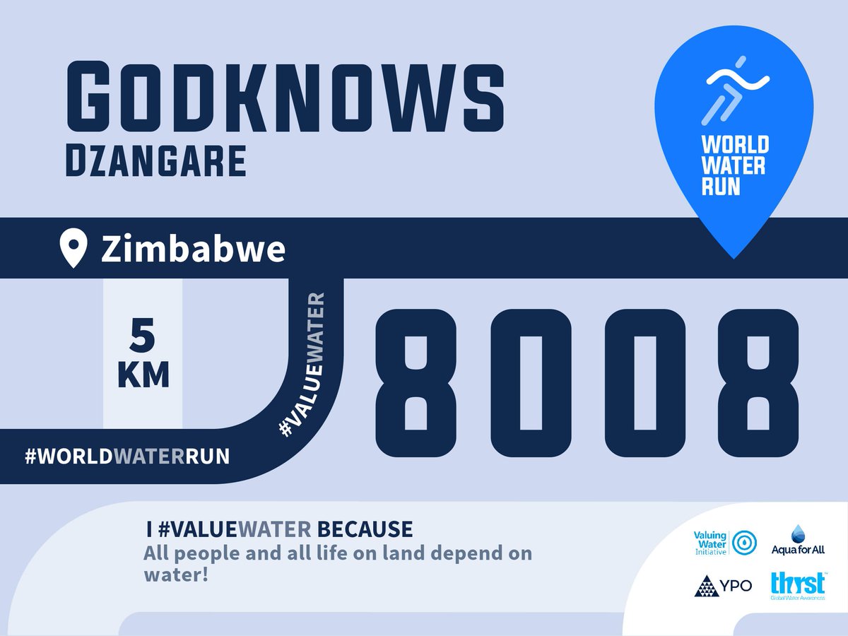 <a href="/godi3_james/">Godie James</a> thank you for signing up to run 5km 
for our virtual run around the world in 7-days!

Water means something different to every person and the #WorldWaterRun celebrates our united commitment to #valuewater.

worldwaterrun.com
16 - 22 March 2021
