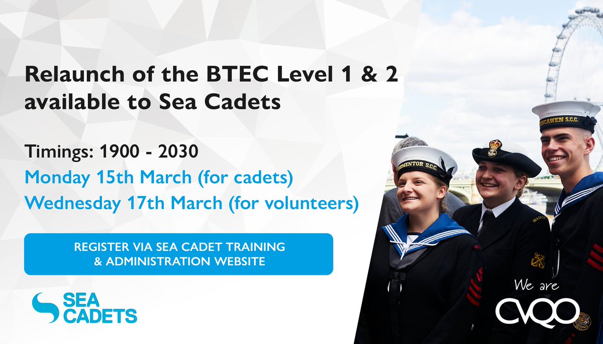 Hello Sea Cadets! Don't forget our joint webinars for cadets and volunteers on CVQO qualifications are coming up soon. Check the SCC training website for registration info! <a href="/SeaCadetsUK/">Sea Cadets</a> <a href="/Captain_SCC/">Captain Sea Cadets</a> @ATOEASTERN