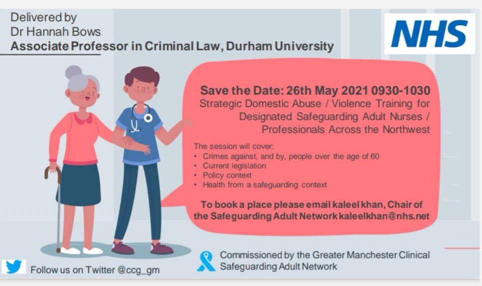 Calling all Designated Safeguarding Adult colleagues in the Northwest. Your chance to attend the Strategic Domestic Abuse Training in Older Adults delivered by <a href="/Hannah_Bows/">Hannah Bows 🐶📚🎓👶🤱</a> Have a look at the flyer &amp; share <a href="/lizwalton1/">Liz walton</a> <a href="/LizzyEJRat/">Elizabeth Ratcliffe</a> @slmrtn85 <a href="/PeteChapman82/">Peter Chapman</a> <a href="/Lorrainelliott4/">#hellomynameis Lorraine Elliott RN DN QN</a>
