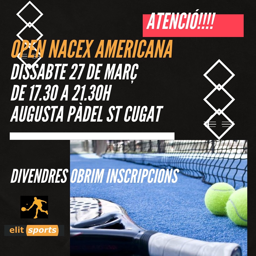 💥Atenció, divendres obrim inscripcions a l'open <a href="/nacex_/">Nacex</a> <a href="/padel20/">Padel 2.0</a> Americana del dissabte 27 de març tarda a <a href="/AugustaPadelStQ/">AugustaPadel by Mart</a> 
👉 Reserva't la data