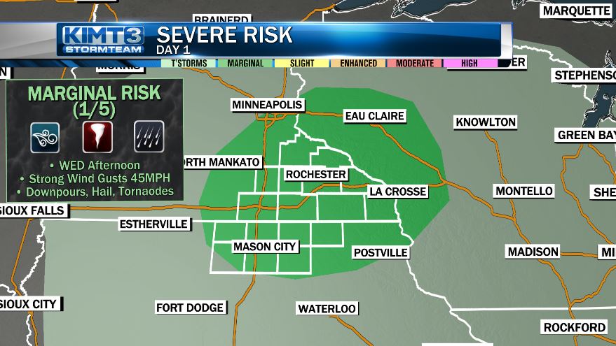 New overnight: A marginal risk for severe weather across SE Minnesota, NE Iowa, and Western WI. If temps can rise enough this afternoon (above 60), there will be enough energy for an isolated severe storm or supercell. All modes possible. #mnwx #iawx #wiwx https://t.co/t9CBNbAwXm
