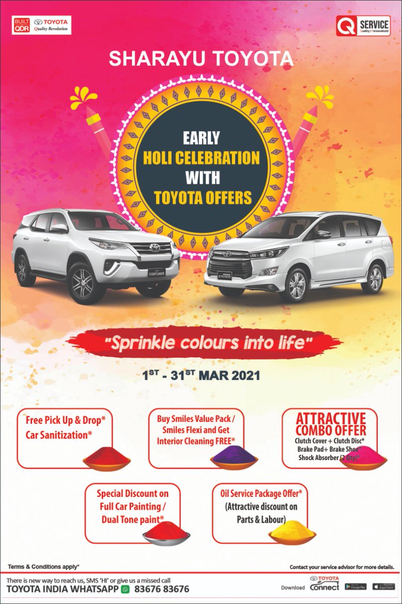 Enjoy special offers on your car service, have early Holi celebration with  Sharayu Toyota. #CarServiceOffer #EarlyHoliCelebration #SpecialServiceOffer  #ToyotaCarService #ToyotaCars #SharayuToyota #SharayuToyotaPune #Pune  #Bhosari