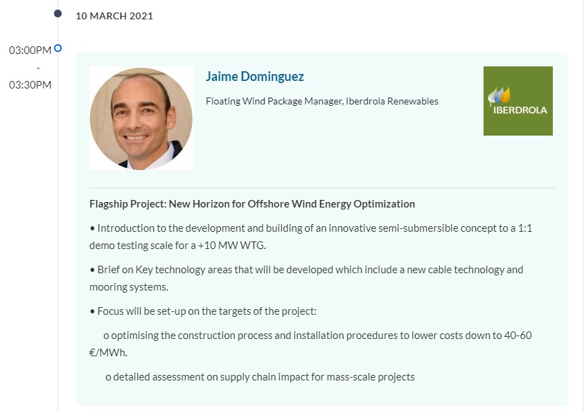 FlagshipEU's tweet photo. Our project manager from @Iberdrola_En, Jaime Dominguez, will present #FLAGSHIPH2020 today at 3pm in the #FloatingWindEurope virtual event!

Join us for this talk about the new horizon for offshore wind energy optimization⬇️
https://t.co/pWTexJeDuN 

#H2020Energy @leadvent https://t.co/1mf0z90QoF