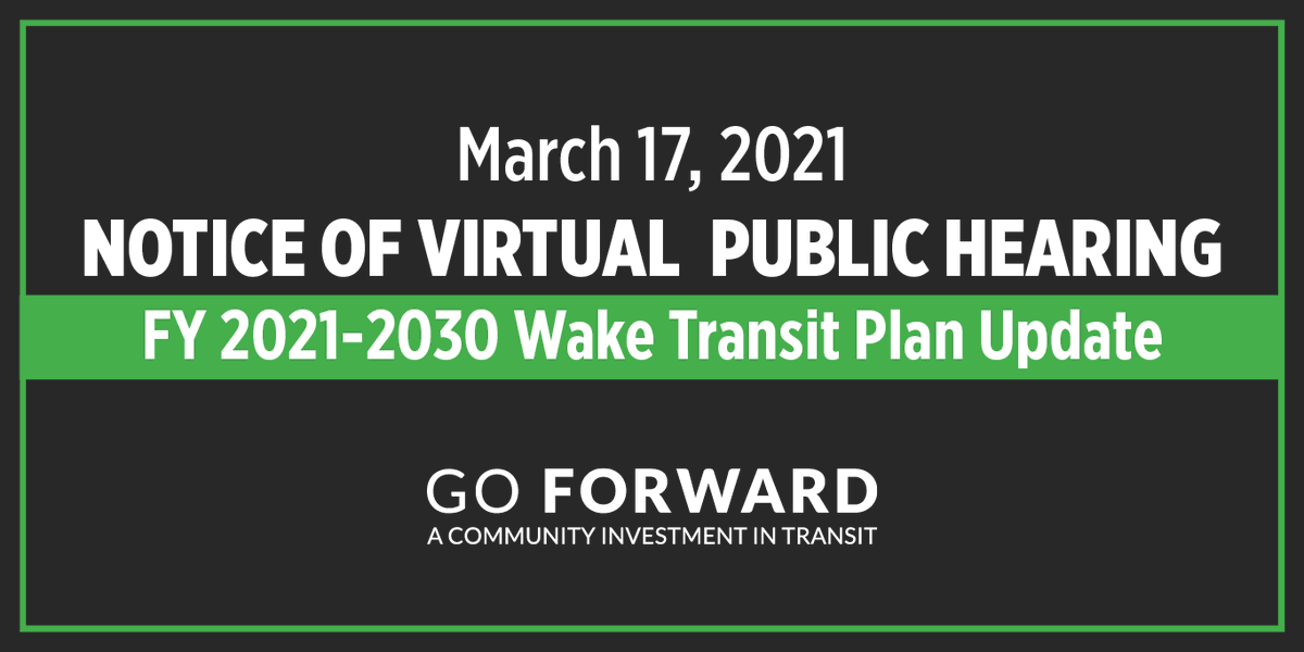 WakeTransit's tweet image. The 10-year Wake Transit Plan is being updated and extended through 2030. The plan outlines the long-term vision for public transportation investment in Wake County. A virtual public hearing about the plan will be March 17. More info, sign up to speak: ow.ly/AJ8050DQ9x2