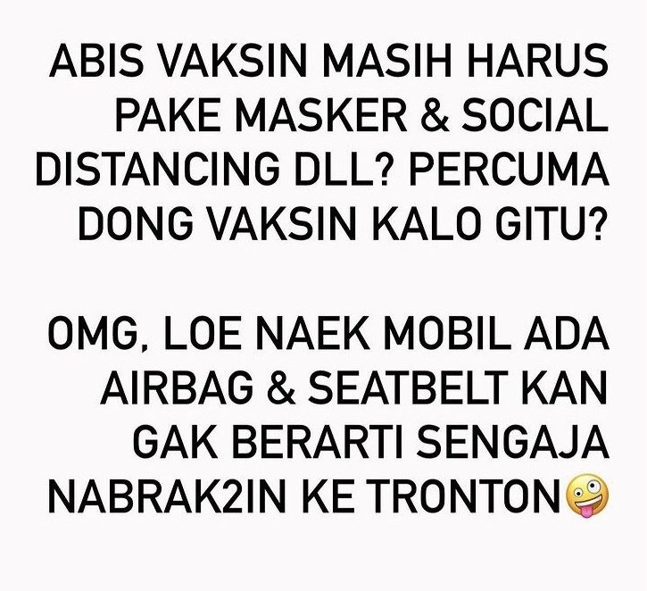 afrkml's tweet photo. ⚠️ Buat yg masih gk paham

Setelah dpt vaksin COVID-19, hrs tetap melaksanakan prokes (5M) krn vaksin bkn alat agar tdk terkena COVID-19.
Kalau gamau kena, ya kudu 5M!

Vaksin diberikan sbg proteksi agar JIKA TERKENA COVID-19, imun sdh siap melawan shgg gejala bisa diminimalisir https://t.co/7TYsGmEVtd