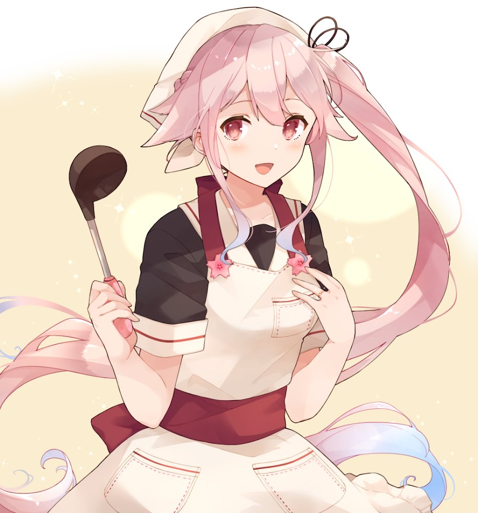 harusame (kancolle) 1girl solo apron pink hair gradient hair side ponytail blue hair  illustration images