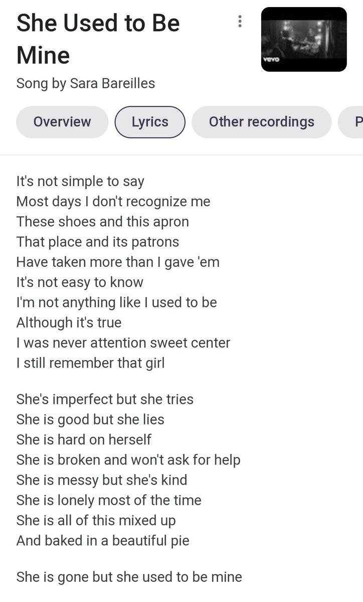 _MasWis's tweet photo. SARA BAREILLES - SHE USED TO BE MINE adalah lagu yang liriknya cukup unik (dan terasa bahwa prosesnya lewat pemikiran yg cukup rumit).

Faktor utama yg bikin unik: Bagaimana POV berpengaruh besar pd makna yg mungkin diambil dr lirik lagu ini.

Thread

Baca dulu lirik lengkapnya. https://t.co/L2TxSgeqDl