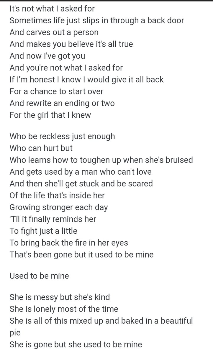 _MasWis's tweet photo. SARA BAREILLES - SHE USED TO BE MINE adalah lagu yang liriknya cukup unik (dan terasa bahwa prosesnya lewat pemikiran yg cukup rumit).

Faktor utama yg bikin unik: Bagaimana POV berpengaruh besar pd makna yg mungkin diambil dr lirik lagu ini.

Thread

Baca dulu lirik lengkapnya. https://t.co/L2TxSgeqDl