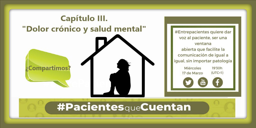 ‼️3er directo  #EntrePacientes‼️

📆 1️⃣7️⃣ marzo
⏰19:30h (UTC +1)

Organizado por 
#pacientesquecuentan

Tratará de
#DolorCrónico y #SaludMental

Podrás verlo y participar en⬇️

YouTube⏺
youtube.com/c/Pacientesque…

Twitter 
x.com/pacienteqcuenta

Facebook 
facebook.com/Tuvidasindolor/