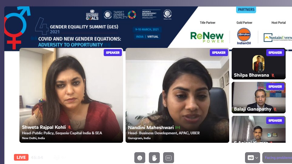 "We ( Uber ) are focusing on pooling in more women, encouraging diversity and inclusivity, but keeping productivity at the helm of it all." Nandini Maheshwari

#GES2021 #Targetgenderequality #unitingbusiness #GCNI4women