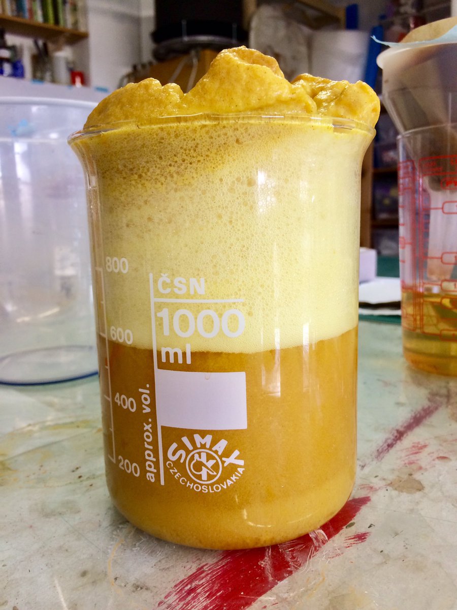 studioslowlane's tweet photo. Unexpected lake pigment vibrancy from apple tree prunings.  I’m glad I spent an afternoon cutting up all the twigs into little pieces now...

I wonder if different apple varieties give different yellows...

#appletreedye #naturalpigments #treebarkdye #dyeingnotdying #lakepigments https://t.co/kd1sdmoW6r