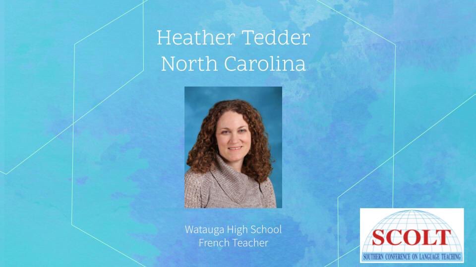 _SCOLT_'s tweet photo. Let’s meet our #SCOLT21 Teacher of the Year Nominees. Representing @FLANC_WorldLang is @HeatherAMTedder , a French Teacher at the @WHSPioneerPride . Congratulations!!! @actfl @NC_AATF @AATFrench #langchat https://t.co/YDAO0dJwqo