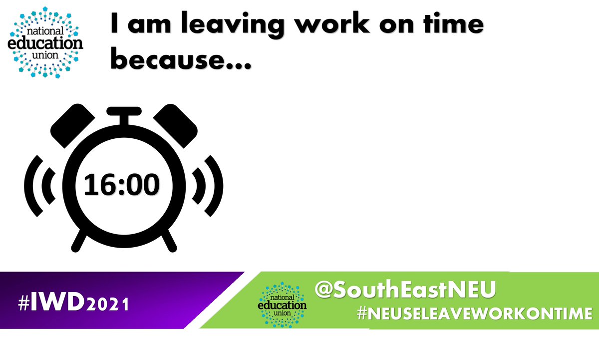 💥Join the SE Women's Twitter storm👉Friday 12th March⏰4pm-6pm

Women's workload has increased during Covid. To celebrate Women's History Month, finish work on time!⏰

Retweet with your reasons why and a post a selfie with the hashtags #NEUSELeaveWorkOnTime #IWD2021