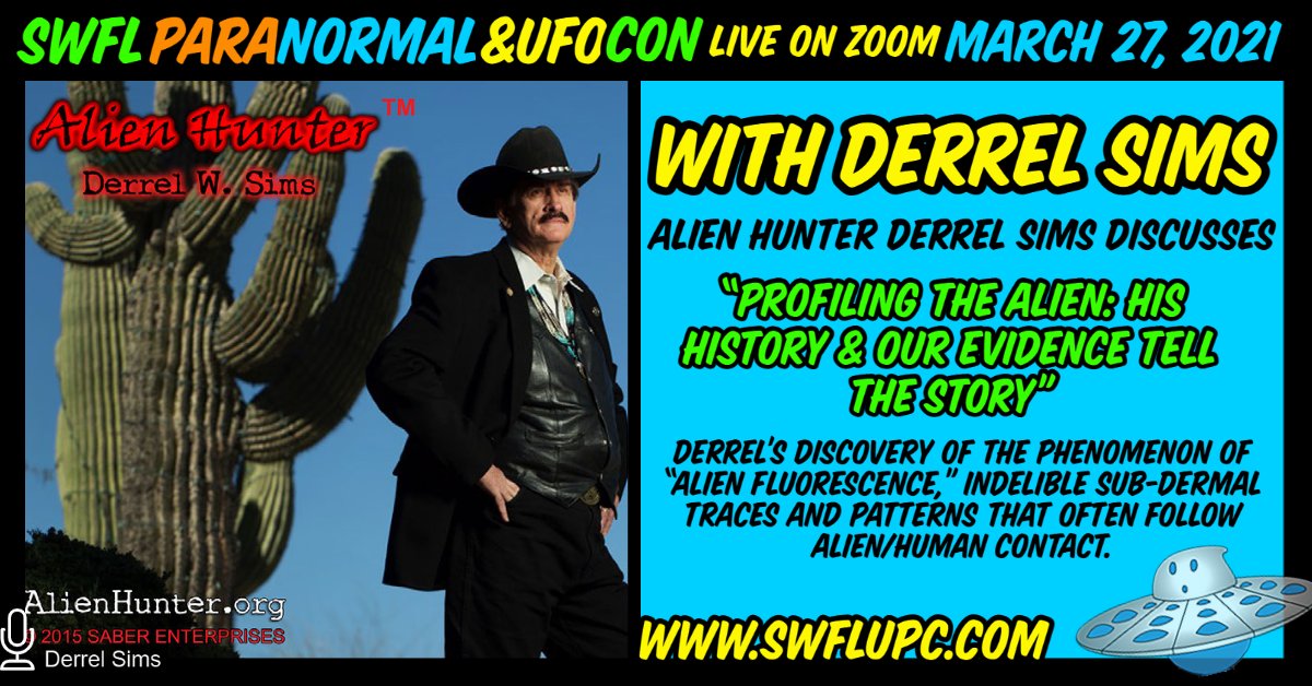 swflufoconferen's tweet photo. Derrel Sims will be speaking at @swflufoconferen 2021 - Virtual Con! 
Derrel Sims, the Alien Hunter, is the world's leading expert on alien abductions. He has appeared on: Ancient Aliens,  Sightings, Unexplained, Beyond Bizarre, Weird or What?, CNN, and much more! https://t.co/KtztPRw7vR