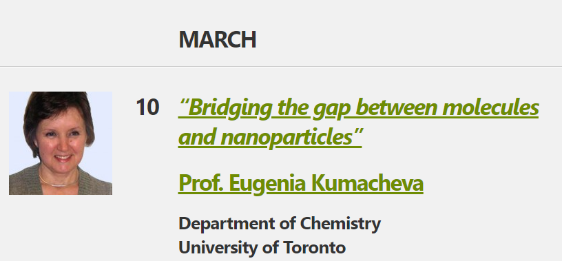 E. Kumacheva Group (@ekumachevagroup) on Twitter photo 💥Check out Eugenia’s talk today at 3:30pm EST
<a href="/MIT/">Massachusetts Institute of Technology (MIT)</a> Program in Polymers and Soft Matter seminar
“Bridging the gap between molecules
and nanoparticles”
More info:
polymerscience.mit.edu/?page_id=4267 💥Check out Eugenia’s talk today at 3:30pm EST
<a href="/MIT/">Massachusetts Institute of Technology (MIT)</a> Program in Polymers and Soft Matter seminar
“Bridging the gap between molecules
and nanoparticles”
More info:
polymerscience.mit.edu/?page_id=4267