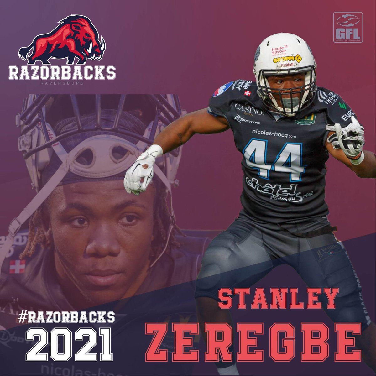 RV_Razorbacks's tweet photo. Ein frz. Nationalspieler für die Razorbacks 🇫🇷 Stanley #Zeregbe läuft 2021 für die #Razorbacks auf. Der 24-jährige spielt seit 10 Jahren #AmericanFootballl. Vorwiegend spielt er als #DefensiveEnd, besitzt aber auch Erfahrungen in der Offense. https://t.co/BfZOceWF1F