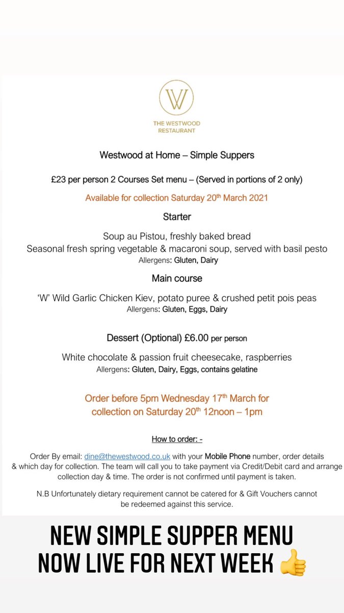 The_Westwood's tweet image. As spring approaches and wild garlic season is an indication of better weather next weeks #simplesupper is #wildgarlic Chicken Kiev 👌 you have the option of 2 course meal £23pp with the option to add dessert 🍨