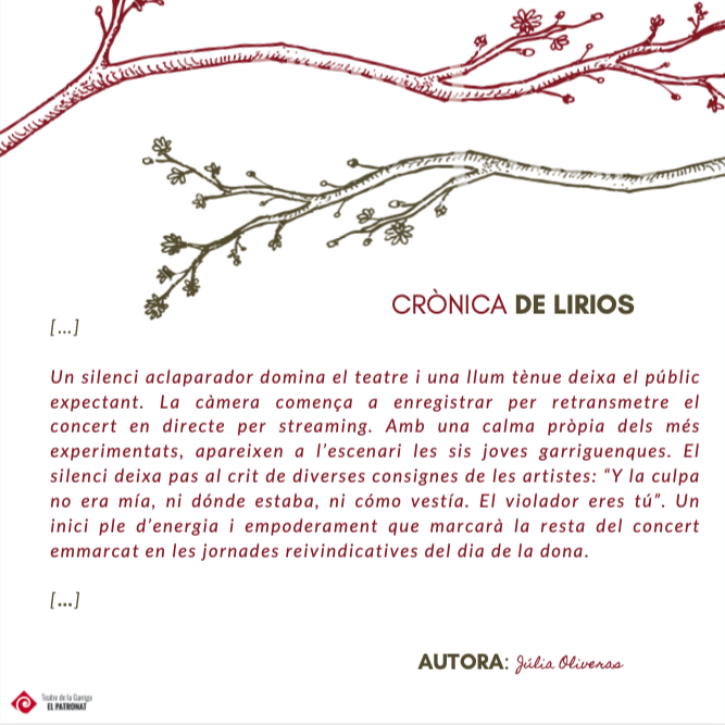 TeatrelaGarriga's tweet photo. 👉🏼📝 Crònica de Júlia Oliveras sobre DE LIRIOS🌷, del passat  06 de març en relació al 8M, dia internacional de la dona treballadora.  🔍FEU-LI UNA ULLADA, també hi trobareu la fotogaleria!  https://t.co/axi3nCeghp @ajlagarriga @La_Garriga @BibliolaGarriga https://t.co/9PHXJbZ6eM