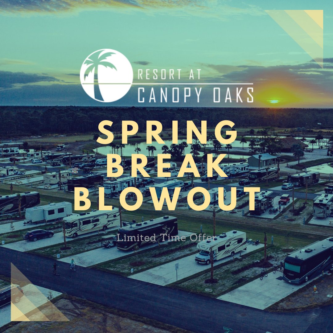Make Spring Break unforgettable at Canopy Oaks. 🌴
Standard RV sites during the week (Sun – Thu) slashed to $55/day!
Standard RV sites on the weekends (Fri - Sat): just $59/day!

Don’t miss this limited offer!
Good only for booking dates until 3/ 21.  Standard sites only.