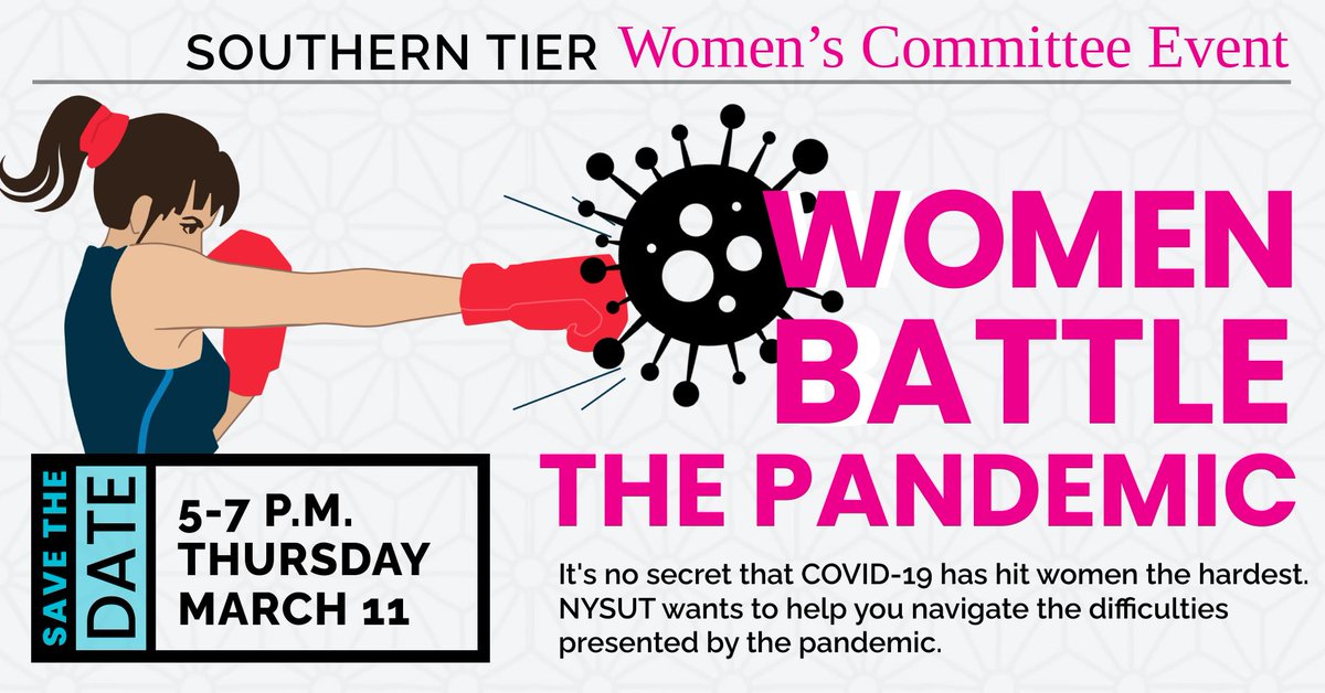 TOMORROW! NYSUT's Southern Tier Women's Committee hosts a discussion of the many issues NYSUT women are encountering and conquering as they navigate the difficulties of the pandemic. Join us! fb.me/e/1ALXK9AwO #WomensHistoryMonth