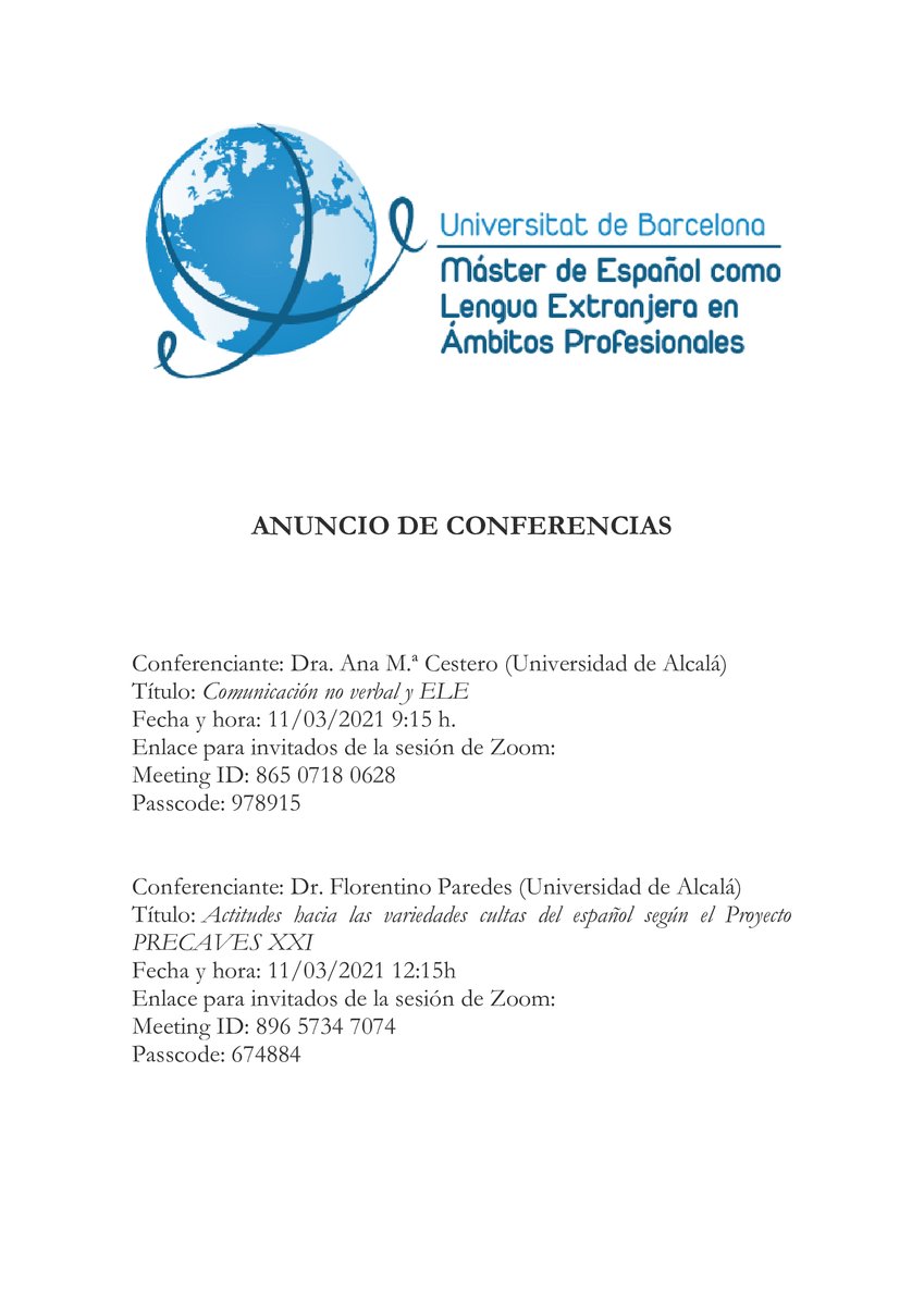 mastereleap's tweet photo. Save the date 🗓️! Anuncio de conferencias organizadas por el @mastereleap de @FilComUB 
#comunicaciónnoverbal #gestualidad #actitudes #creencias #sociolingüística https://t.co/KlQDInepBi