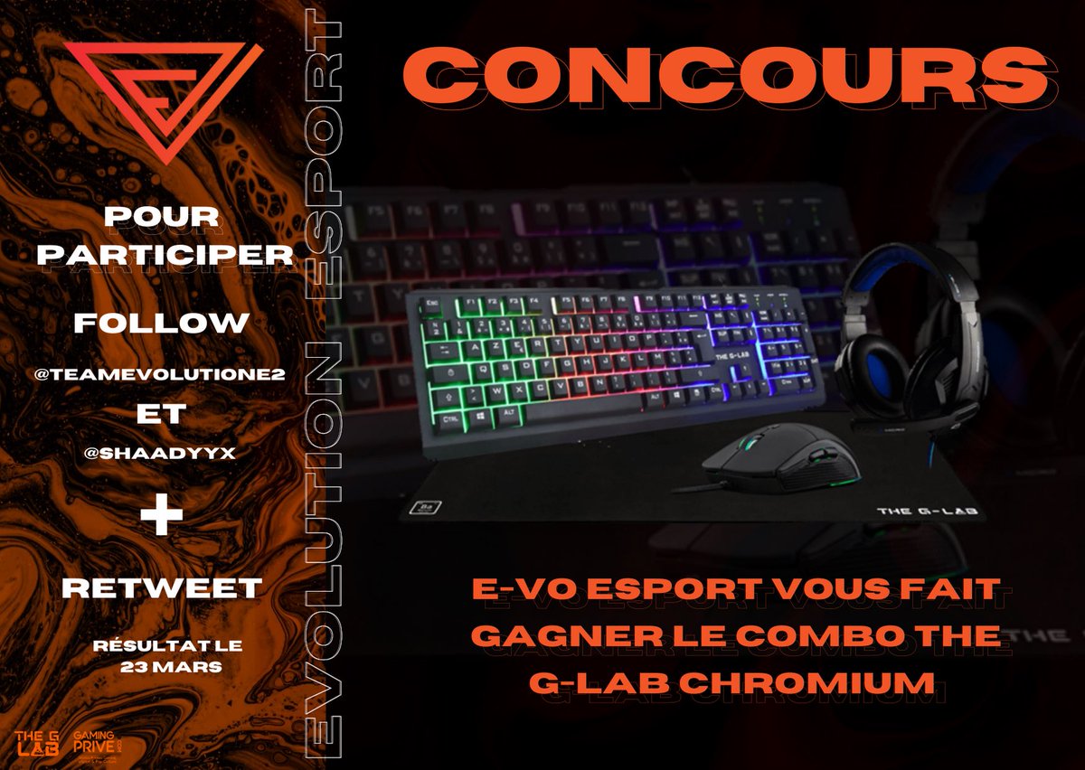 #CONCOURS #GIVEAWAY🚨

Notre trésorière <a href="/Shaadyyx/">𝓐𝑙𝑒𝑥𝑖𝑎. 🌹</a> vous propose aujourd’hui un concours pour gagner des produits <a href="/TheGLabFrance/">The G-Lab 🇫🇷</a> vendus par notre partenaire <a href="/gamingprive/">TzT Gaming</a> #ad

Conditions : 

⤴️Follow <a href="/TeamEvolutionE2/">TEAM EVOLUTION E-SPORT OFC</a> + <a href="/Shaadyyx/">𝓐𝑙𝑒𝑥𝑖𝑎. 🌹</a> vérif auto

♻️RT le Tweet 

✍️TAS le 23/03 à 18h