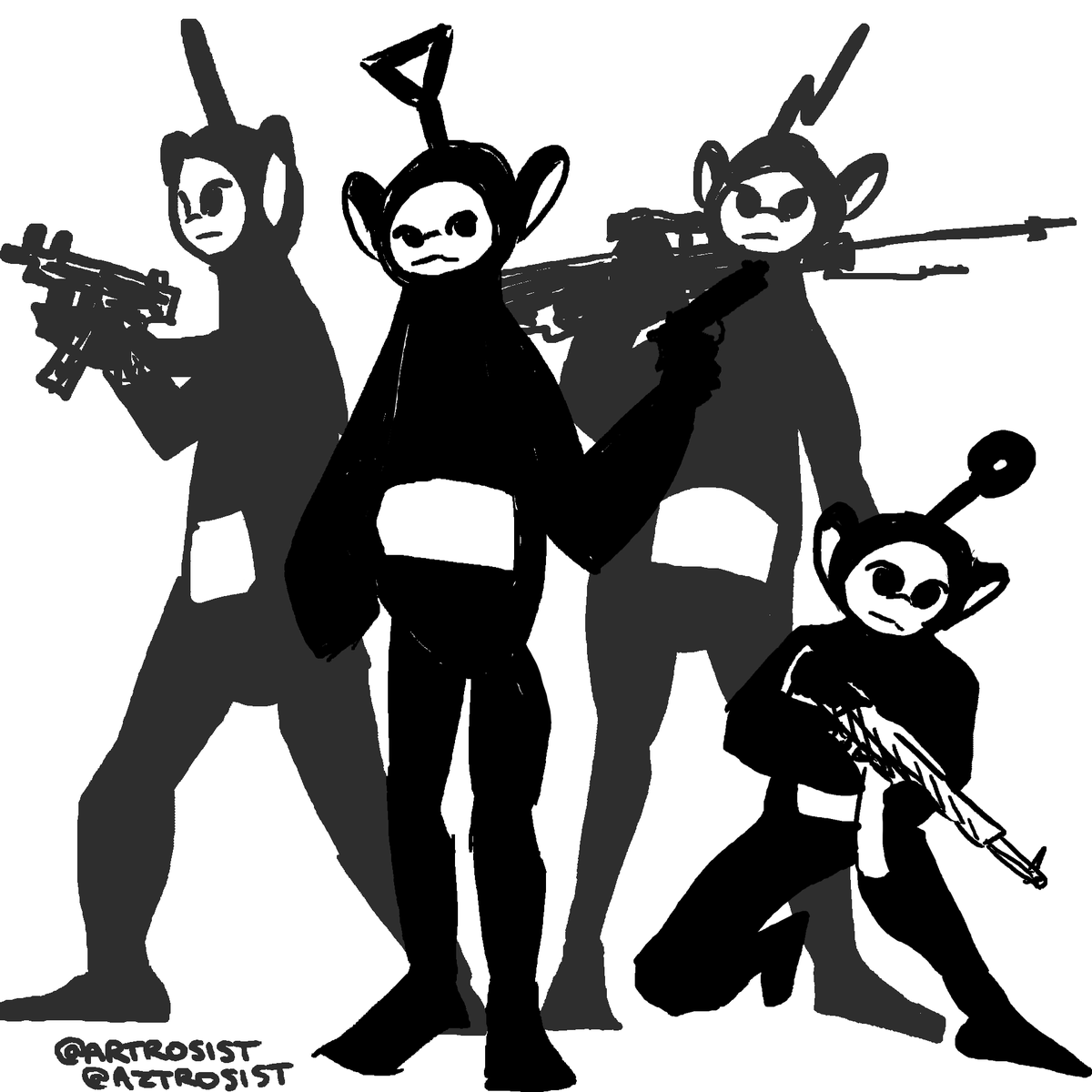 artrosist's tweet photo. teletubbies with guns https://t.co/DDE2sjN7TN