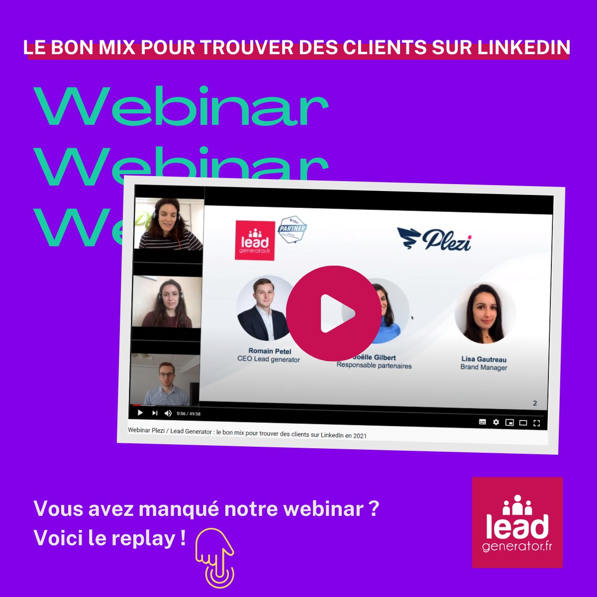 LeadGeneratorFR's tweet image. Vous avez manqué notre #webinar "Le bon mix pour trouver des clients sur LinkedIn en 2021", bonne nouvelle, on vous partage le replay ▶ !👉buff.ly/3jhY97R
@LeadGeneratorFR X @PleziApp #ProspectionLinkedin #live #webinar #Leads #LinkedIn #InboundMarketing #LeadGeneration