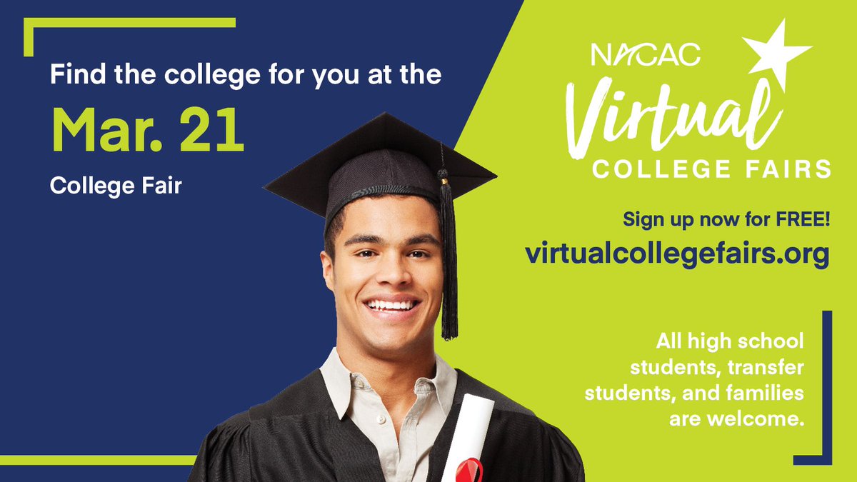 Calling all high school counselors! #NACAC is hosting a FREE Virtual College Fair for your students! Have them register for this FREE event today at virtualcollegefairs.org! #NACACFairs #collegeadmissions
