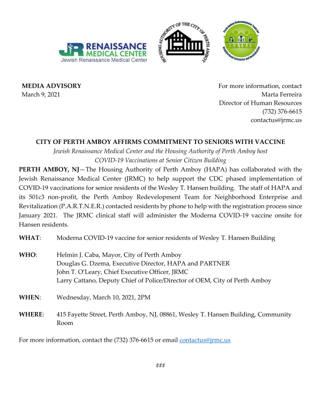 MEDIA ADVISORY:  CITY OF PERTH AMBOY AFFIRMS COMMITMENT TO SENIORS WITH VACCINE conta.cc/3ex63Ka