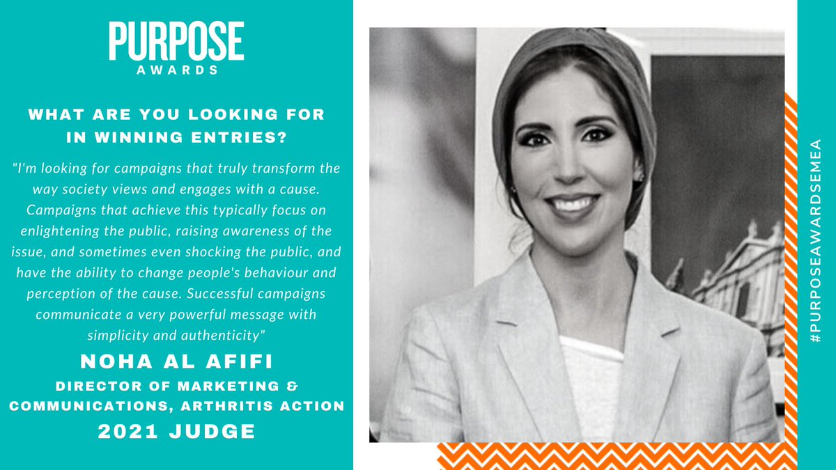 We're excited to have @Nalafifi, @Arthritis_ACTN join us on the #PurposeAwardsEMEA judging panel. She is looking for 'Successful campaigns  that communicate a very powerful message with simplicity and authenticity'.

Find out how to enter via purposeawards.co.uk