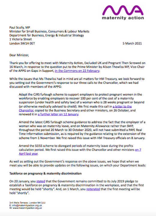 MaternityAction's tweet photo. A full 12 months after the onset of the pandemic, a Government minister has - for the first time - offered to meet with us to discuss its impact and "how best the Government can respond". 👀

Our letter to @scullyp, ahead of our meeting on 16 March 👇

https://t.co/fnPEAj1H4H https://t.co/37fR2acMCR