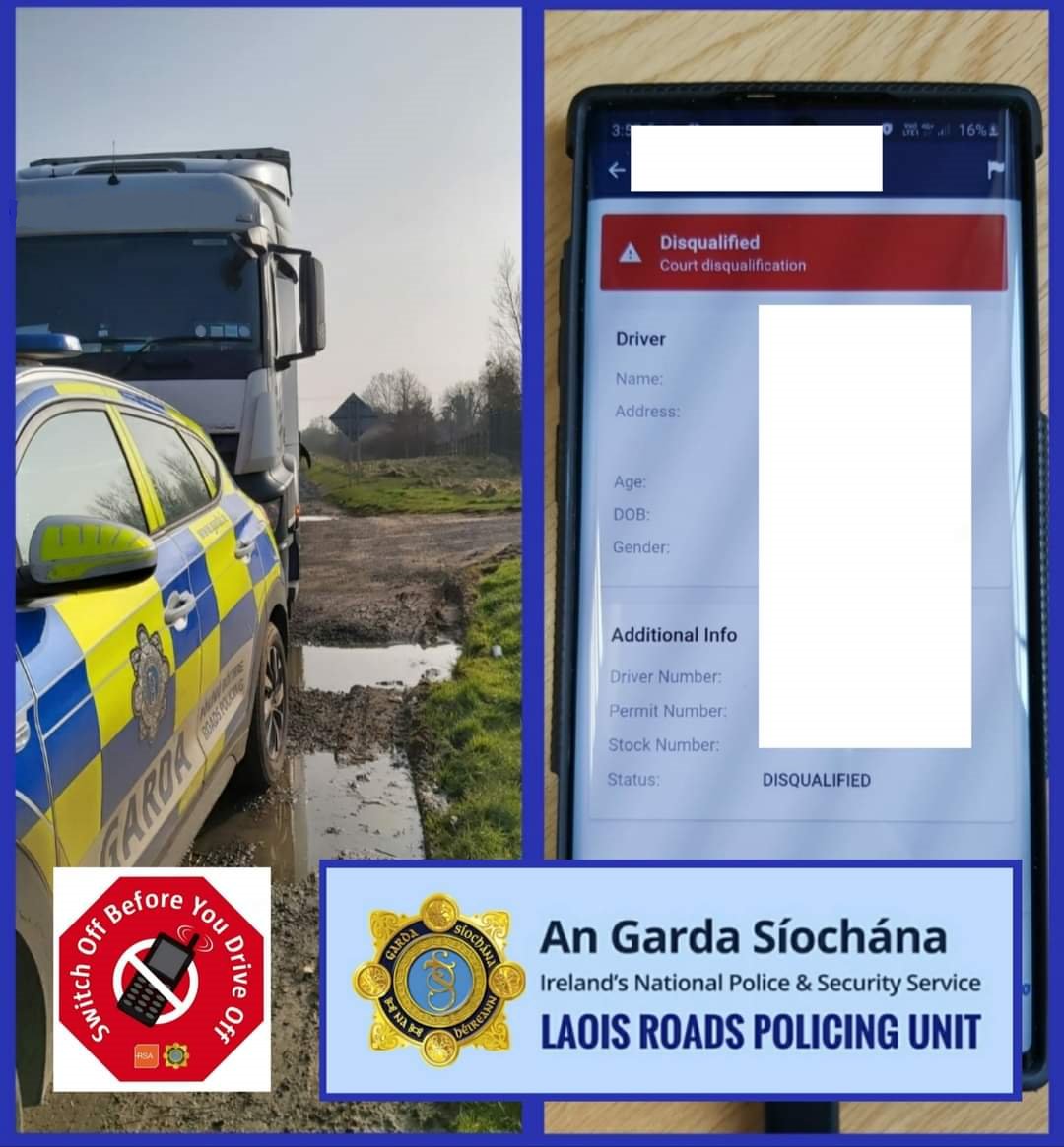 GardaTraffic's tweet image. Laois Roads Policing Unit were patrolling on the M8 when found the driver of this truck on their phone whilst weaving in and out of the hard shoulder. It was stopped and it was found that the driver was disqualified. The driver was arrested. Proceedings to follow. 
#ArriveAlive