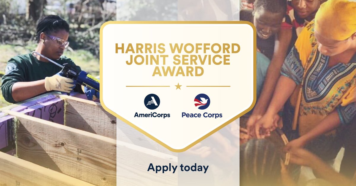 PeaceCorps's tweet photo. Know someone who served in Peace Corps AND @AmeriCorps? Nominate them for the Harris Wofford Joint Service Award, which recognizes &amp; honors individuals who have served in both programs. Learn more at https://t.co/Vr1O2fne8s 
#AmeriCorpsWeek #AmeriThanks #WeAreAmeriCorps https://t.co/fe4AKJRf6G