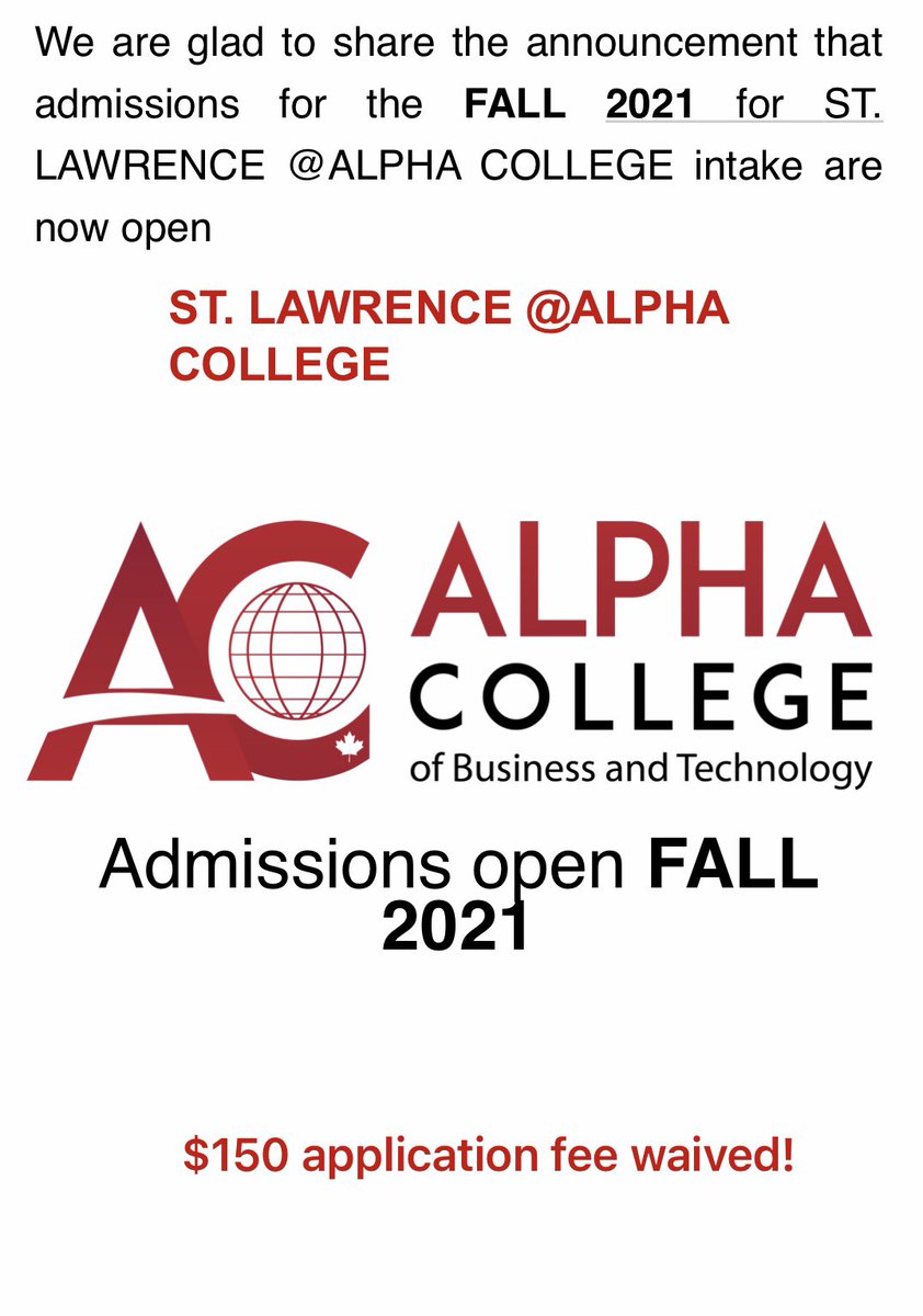 connect_level's tweet image. St Lowrence college from Canada is now accepting application for admission fee is waived with our Agency we can help you all process until you get visa