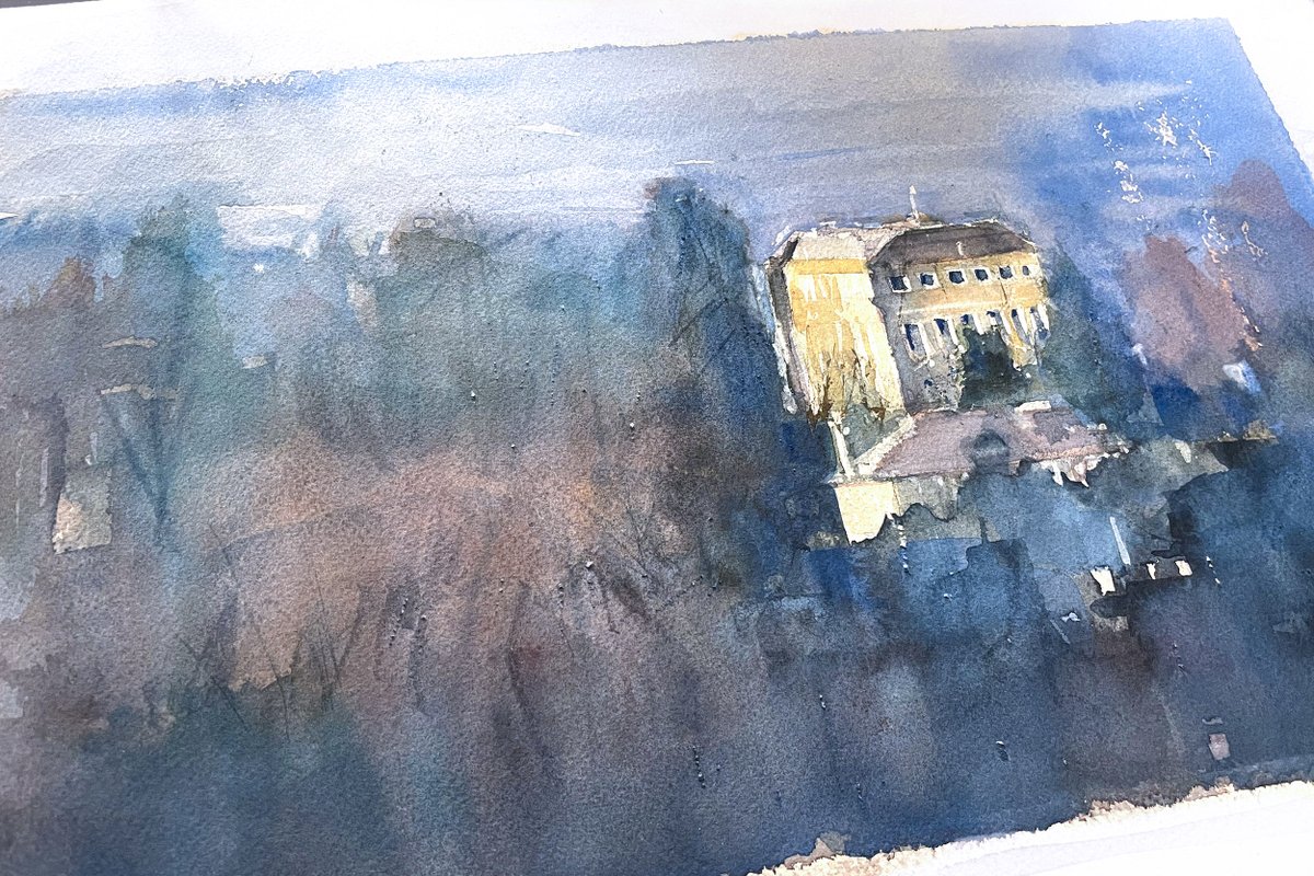 Watercolour sketch of Petworth House from Duncton. About 4 miles away. You can see the usually hidden gable end, well almost. Painted on a Arches block with Schmincke watercolours. #watercolours #petworthhouse #sussex