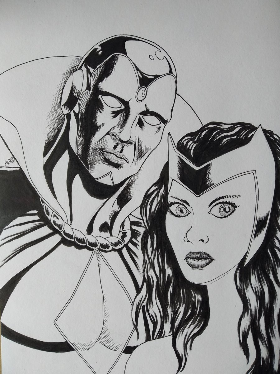 Agill_art's tweet photo. SCARLET WITCH AND VISION BY AGILL (Drink'N'Draw 03/03/2021 - INKED VERSION) 
#ScarletWitchAndVision #ScarletWitch #witch #vision #androide #WandaVision #WandaMaximoff #wanda #maximoff #mutant #magic #marvel #Disney+ #fanart #ink #DnD #drinkanddrawparis #agill https://t.co/sT4W3h84GM
